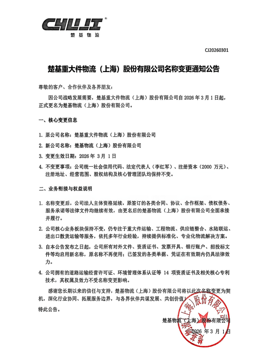 楚基物流名称变更通知公告
